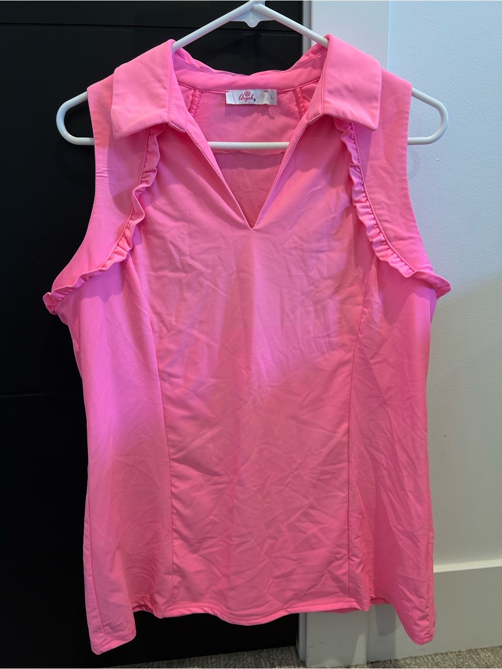 Pink Sleeveless Ruffle V-Neck Polo Sz L